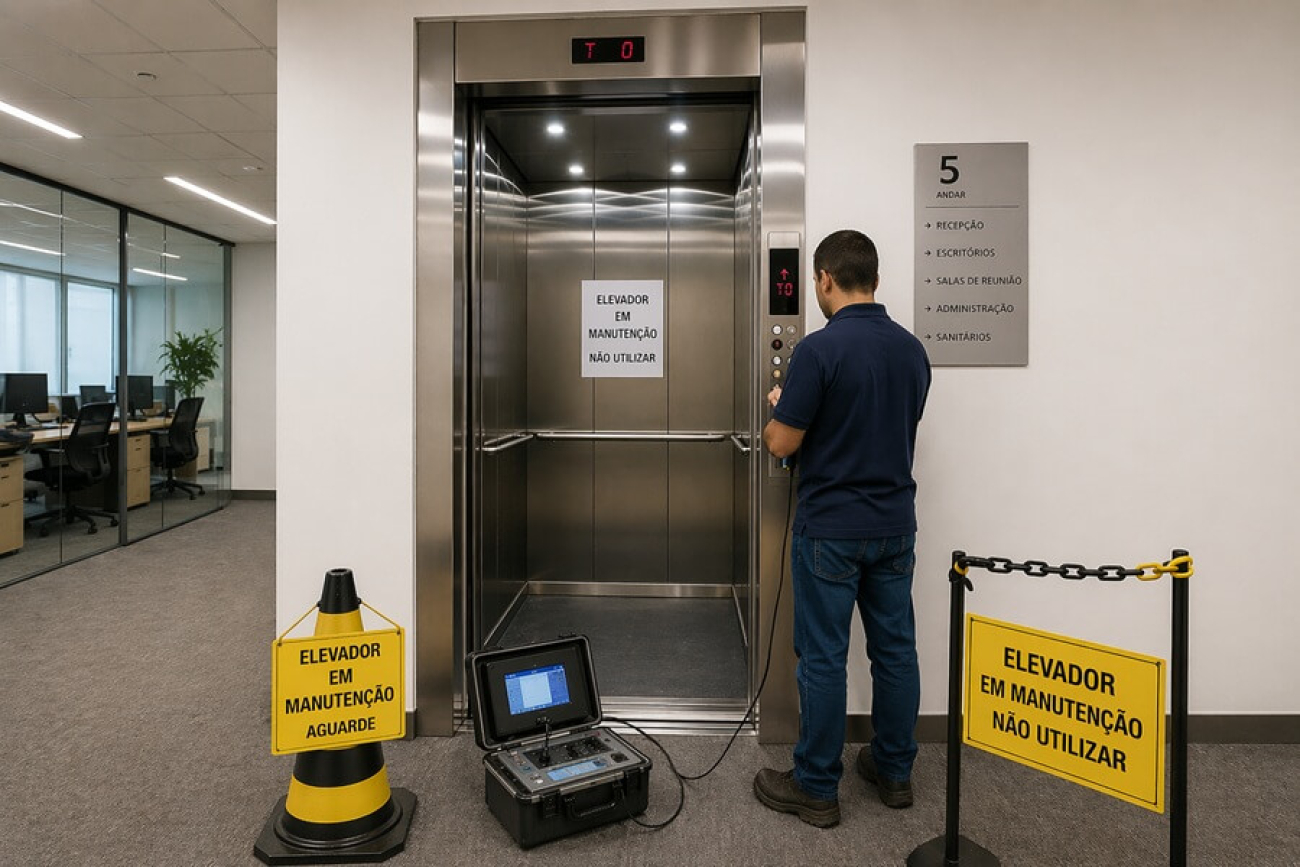 Imagem gerada por inteligência artificial mostra técnico fazendo manutenção de um elevador
