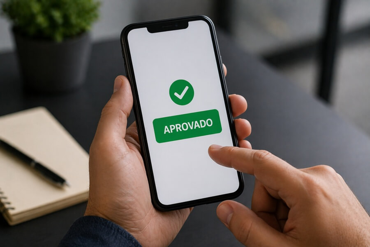 Imagem gerada por inteligência artificial mostra um homem mexendo em um celular em cuja tela está projetada a palavra "aprovado"