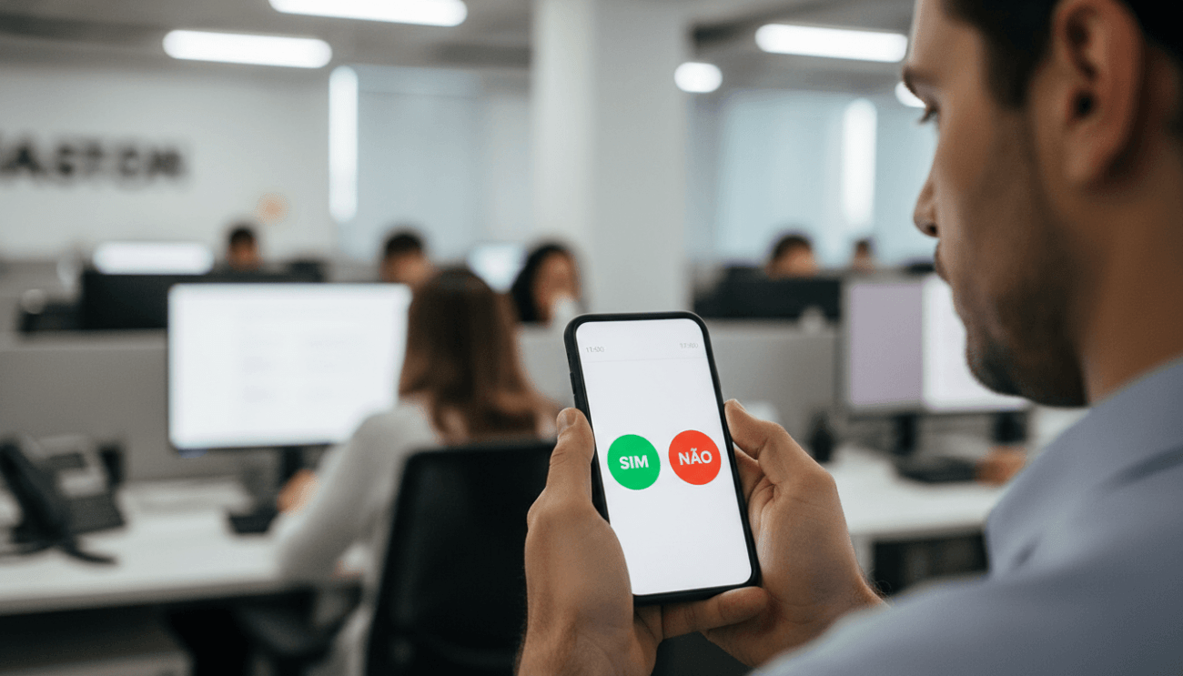 Imagem de um financiário votando em assembleia virtual por meio do celular