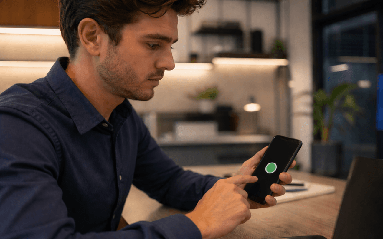 Fotografia de um trabalhador participando de uma assembleia virtual através de um celular (Imagem: manus.im)