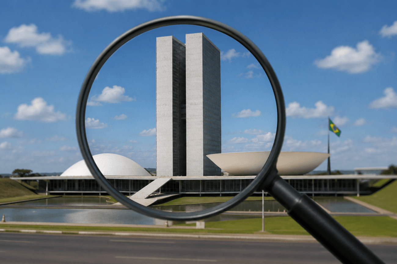 Imagem mostra uma lupa sobre o prédio do congresso nacional