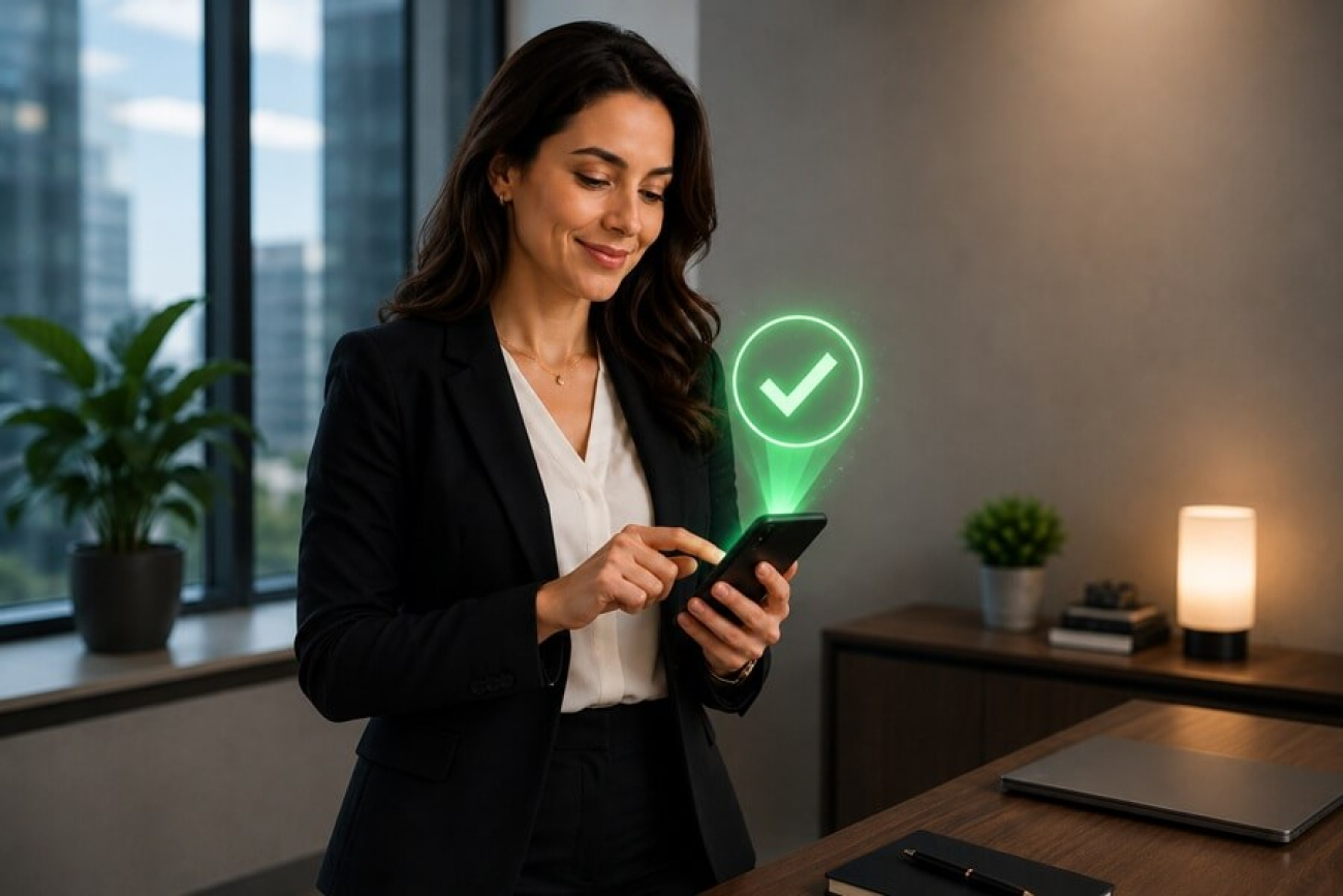 Imagem mostra uma mulher mexendo em um telefone celular cuja tela projeta um ícone de "check" indicando aprovaçao