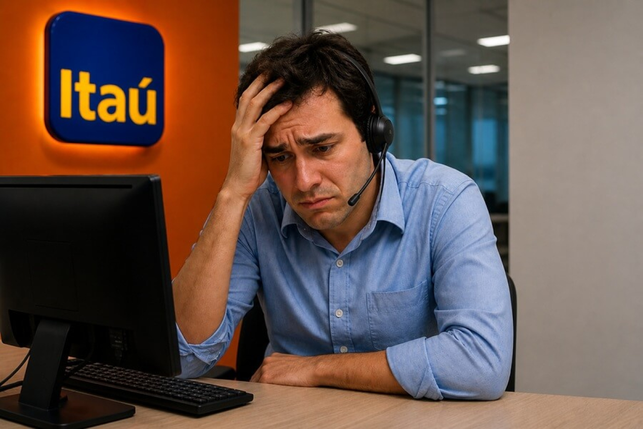 Imagem mostra bancário com semblante preocupado apoiando a cabeça na mão esquerda. Ele usa um headphone e uma camisa azul e está sentado em frente a um computador.  atrás dele há uma placa com o logo do Itaú pendurado em uma janela pintada de laranja