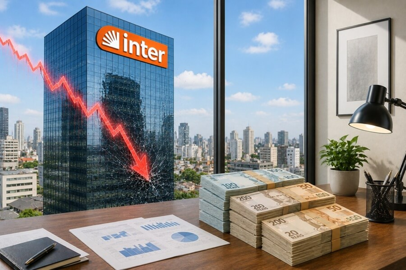 Imagem mostra uma pillha de dinheiro sobre uma mesa em uma sala com uma janela com vista para um prédio com um letreiro do Banco Inter. sobre o prédio há um gráfico em linha na cor vermelha indicando queda