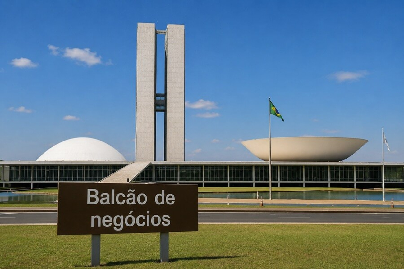 Imagem feita por inteligência artificial mostra uma placa onde se lê "Balcão de negócios" em frente ao prédio do Congresso Nacional