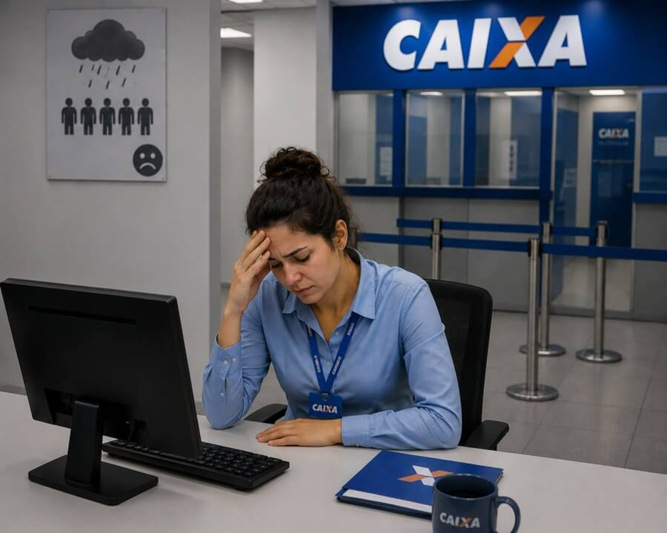 Imagem mostra empregada da caixa sentada em uma cadeira em frente a uma mesa