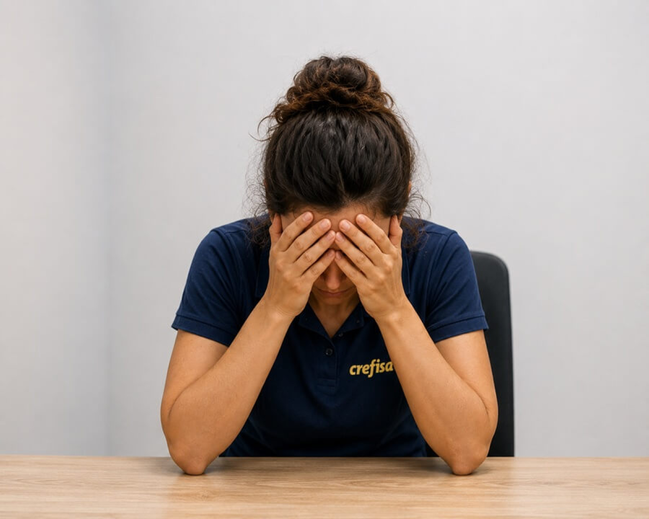 Imagem mostra mulher branca sentada e apoiando os cotovelos na mesa. e levando as mãos na cabeça, em sinal de preocupação