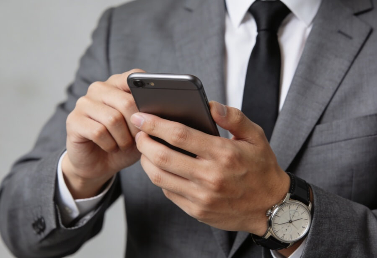 Imagem mostra homem branco, vestido de terno e gravata, mexendo em um telefone celular