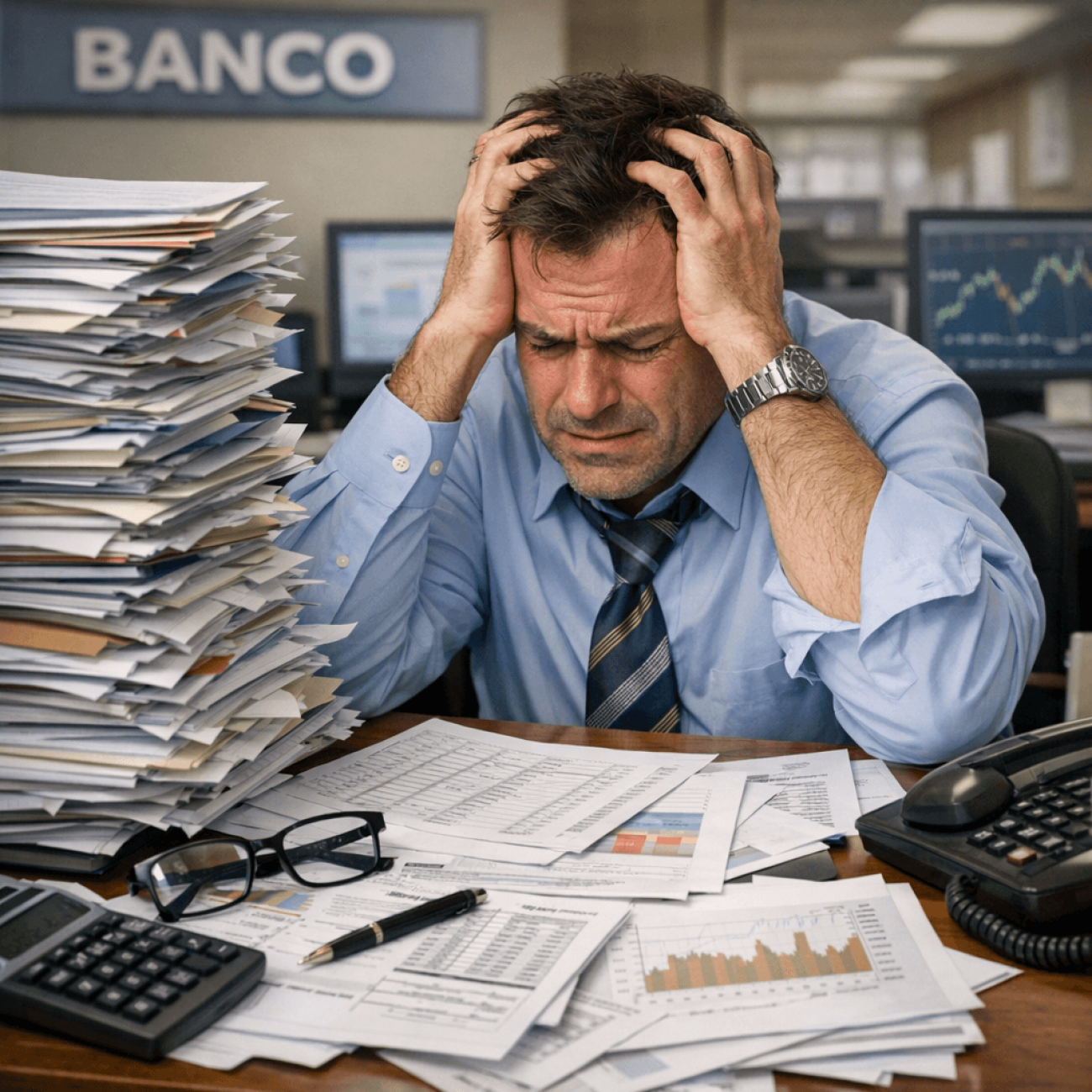 Imagem de um bancário estressado em sua mesa de trabalho
