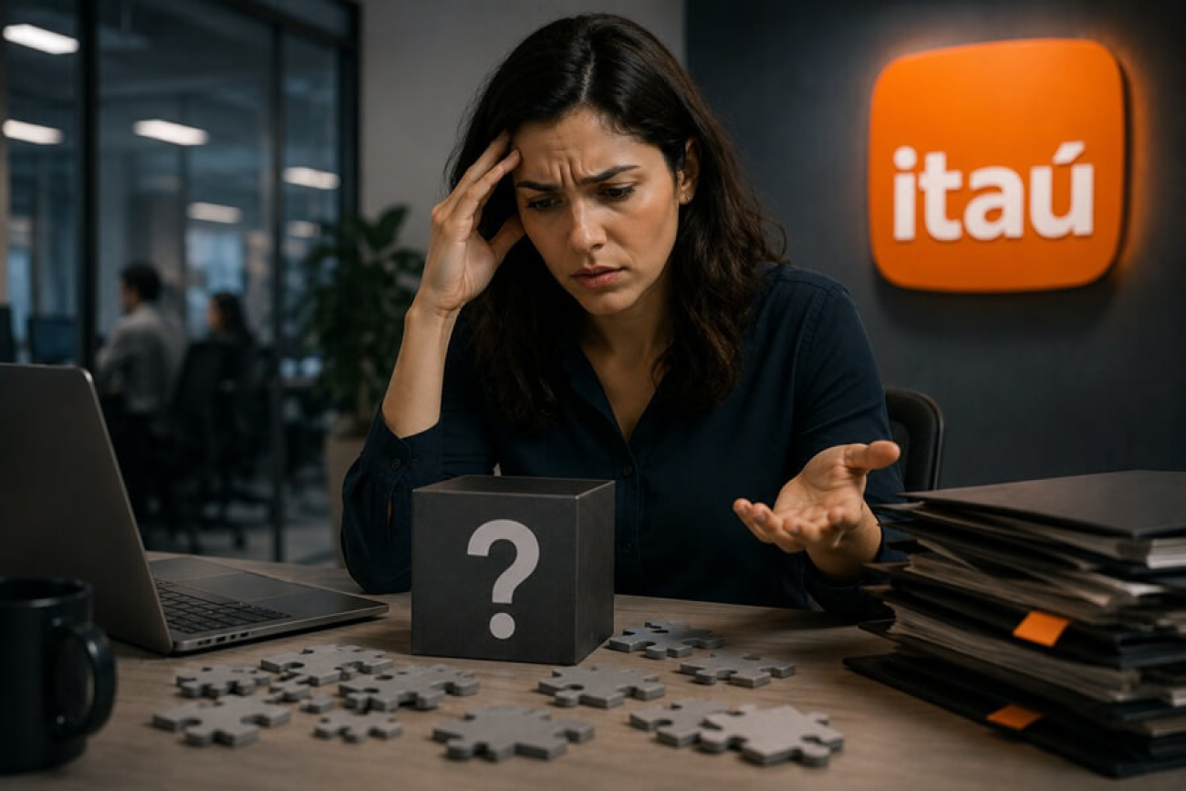 Bancária do itaú observa, com olhar de questionaento, um cubo preto com um ponto de interrogação em uma das suas faces