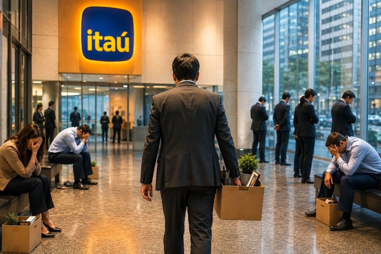 Imagem mostra pessoas em um saguão de um prédio coorporativo