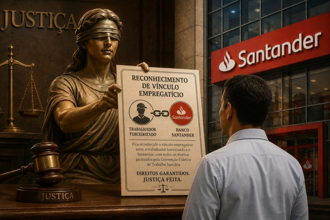Imagem mostra a mulher que representa a Justiça apresentando para um trabalhador uma decisão judicial onde se lê "Fica reconhecido o vínculo empregatício entre o trabalhador terceirizado e o Santander, com todos os direitos garantidos pela Convenção Coletiva de Trabalho bancária". Ao lado, a fachada de um prédio do santander