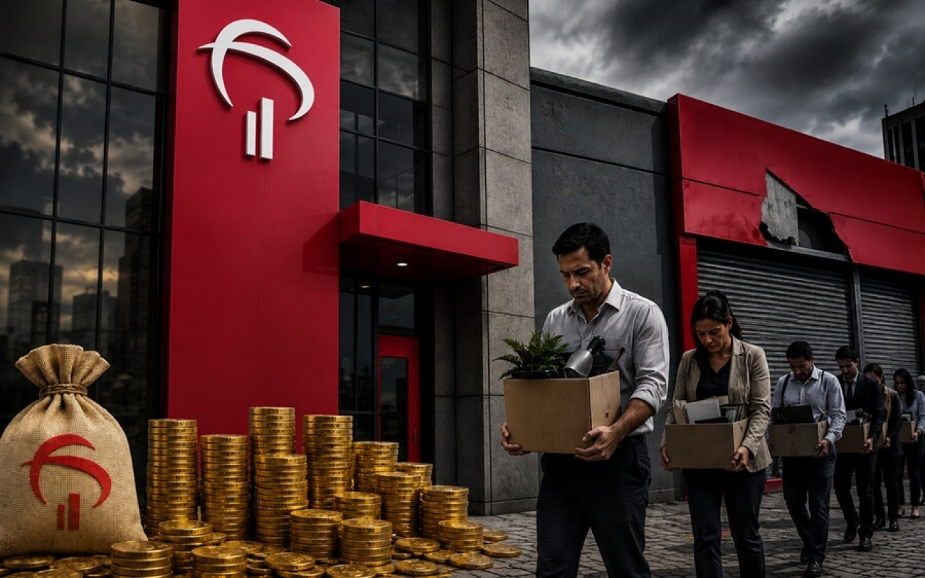 Imagem feita por inteligência artificial mostra trabalhadores demitidos em fila indiana passando em frente em uma agência fechada e a um prédio com o logo do bradesco e uma pilha de dinheiro na fachada