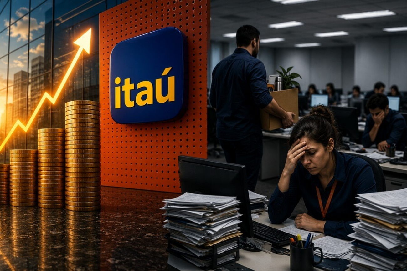 Imagem composta de um gráficio indicando alta ao lado de um logo do itaú. do outro lado uma bancária com a mão na cabeça e semblante preocupado, um homem de costas segurando uma caixa de papelão, simbolizando que foi demitido. ao fundo, uma sala lotada