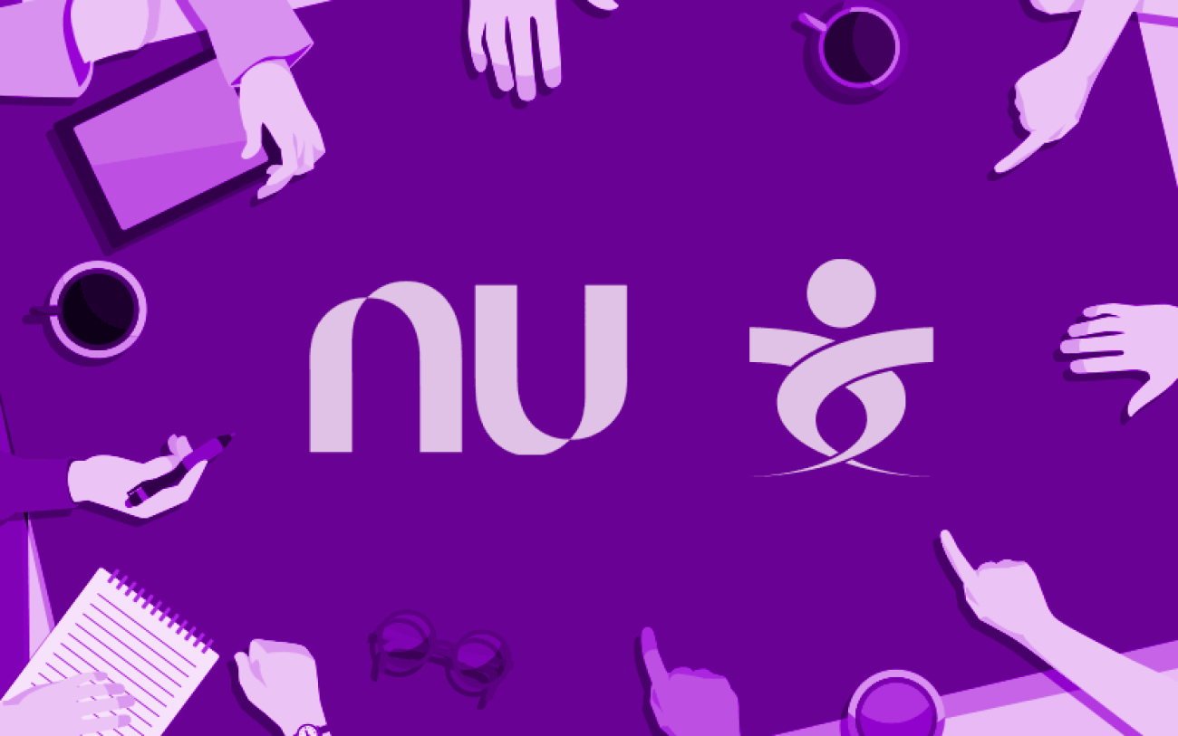 Ilustração de uma mesa de reunião, vista do alto, com os logotipos do Nubank e do Sindicato ao centro