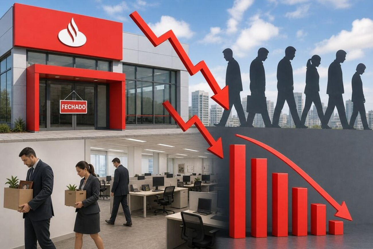 Imagem mostra agência do santander fechada, pessoas sendo demitidas e gráficos indicando queda