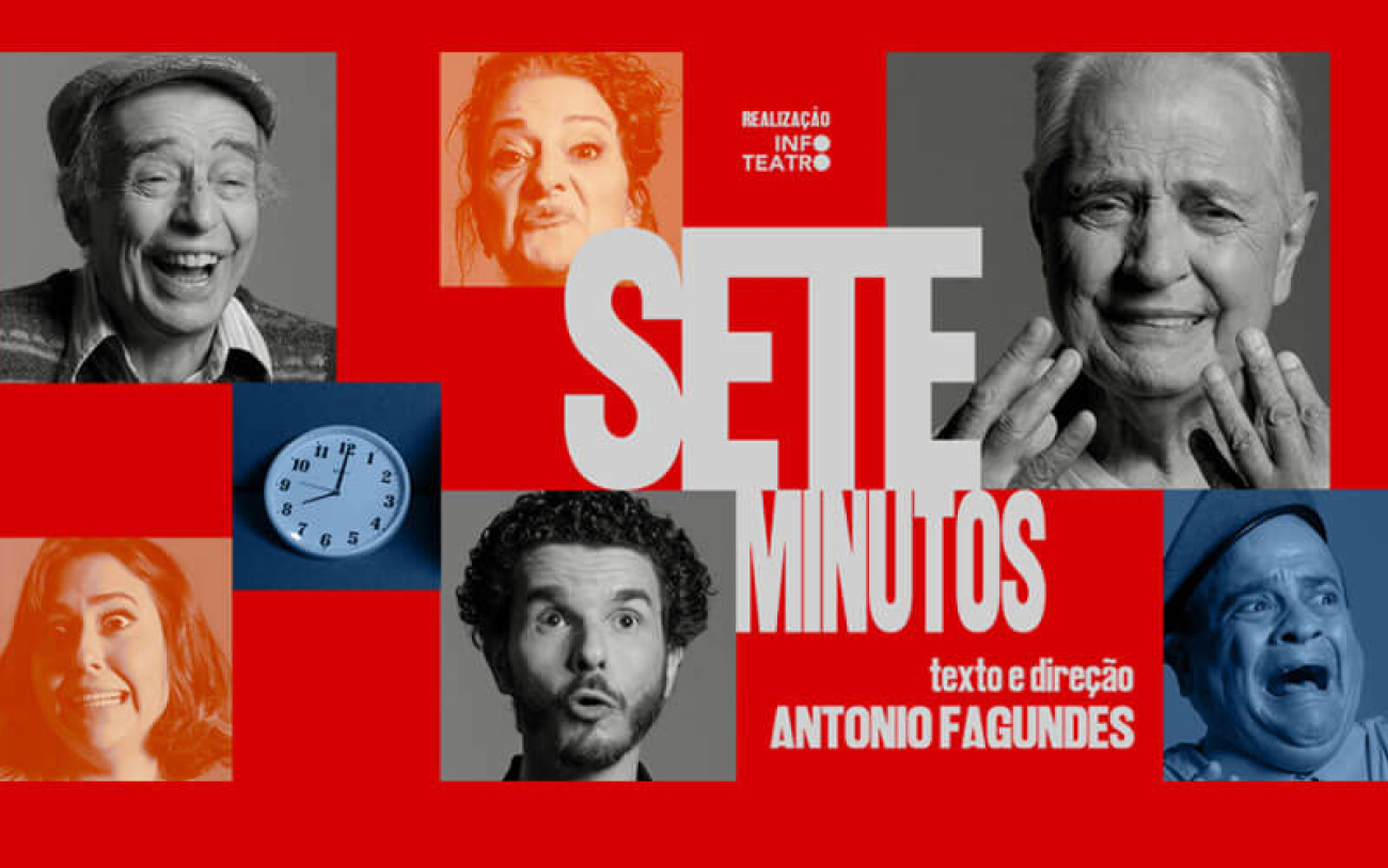 cartaz com fundo vermelho mostra rosto de diferentes pessoas e as palavras sete minutos em destaque