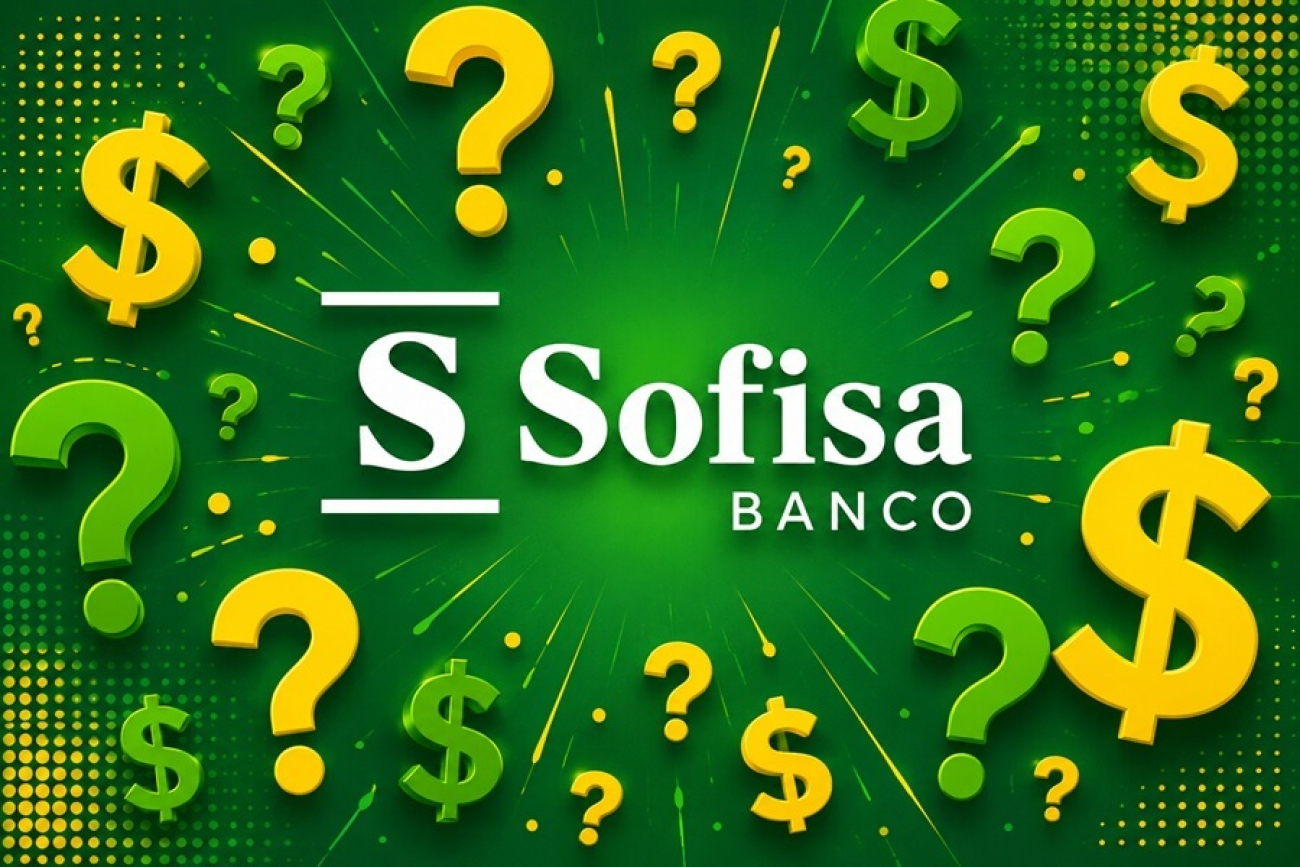 Imagem composta do logo da sofisa em volta de vários pontos de interrogação e cifrões