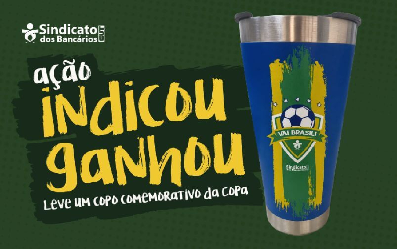 Arte mostra copo em alusão a Copa do Mundo nas cores verde e amarelo