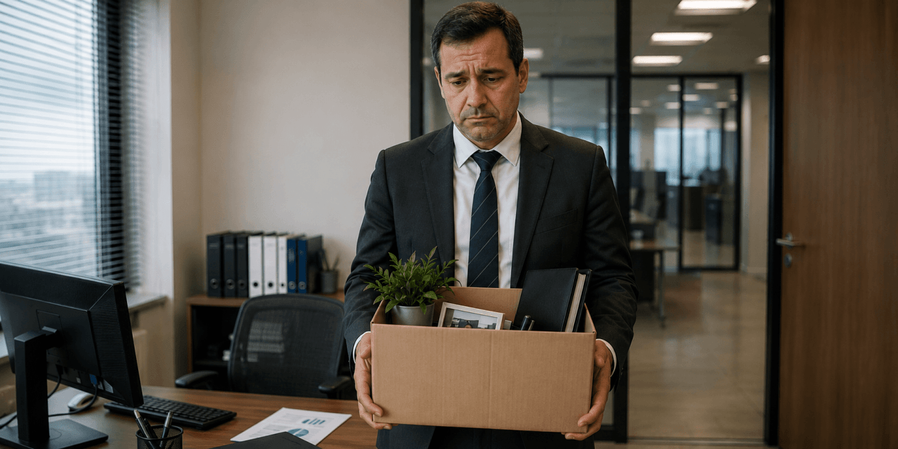 Imagem de um homem de terno segurando seus pertences de trabalho em uma caixa de papelão