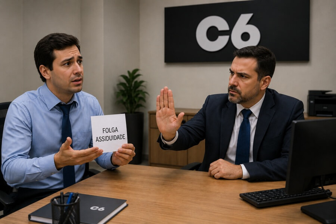 Imagem feita por inteligência artificial mostra dois homens vestidos de roupa social, em volta de uma mesa. um deles segura um papel onde se lê "folga assiduidade" enquanto o outro está com  mão levantada na altura do ombro, em sinal de negação