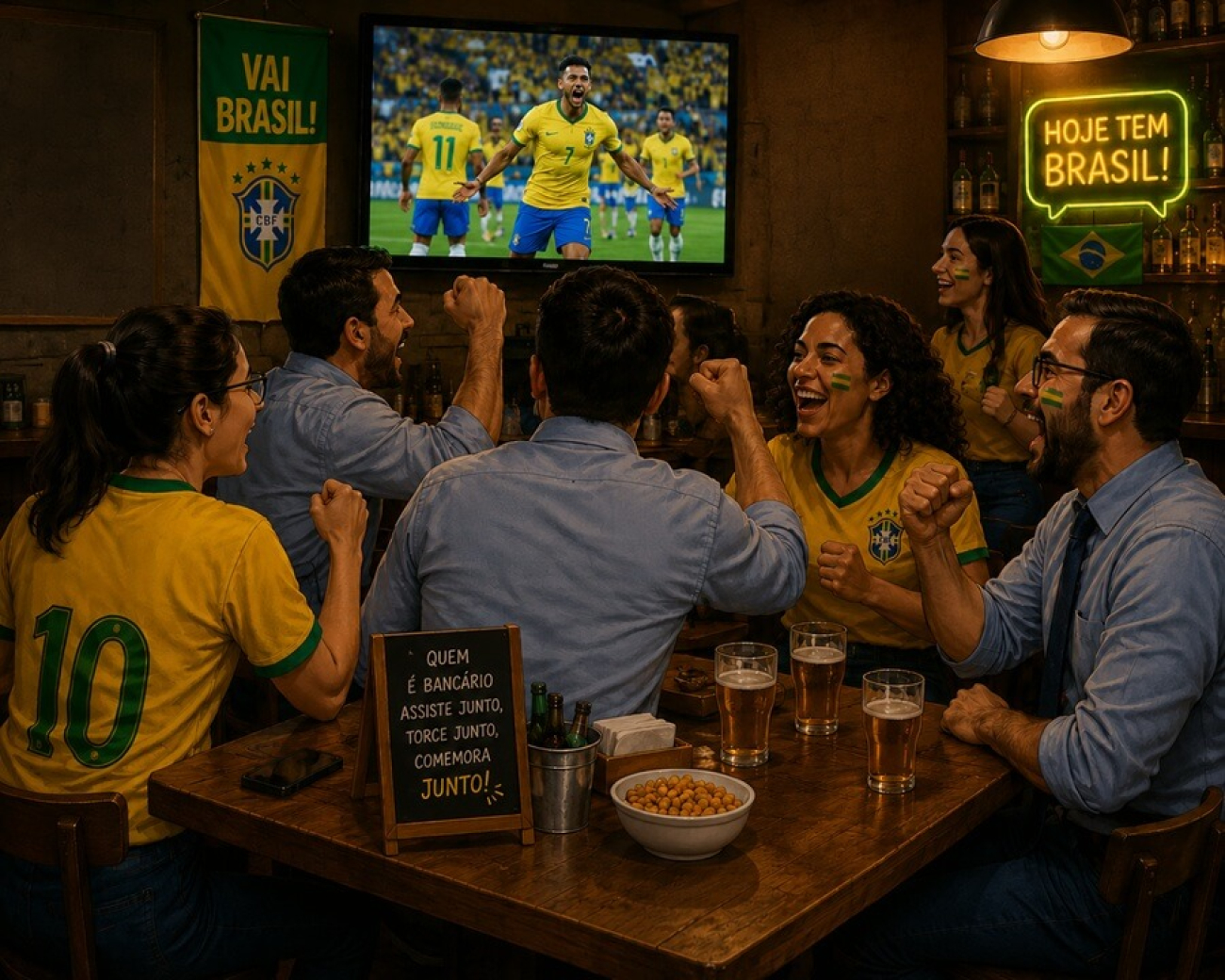 imagem feita por inteligência artificial mostra bancários sentados ao redor de uma mesa de bar vibrando com um jogo da seleção brasileira