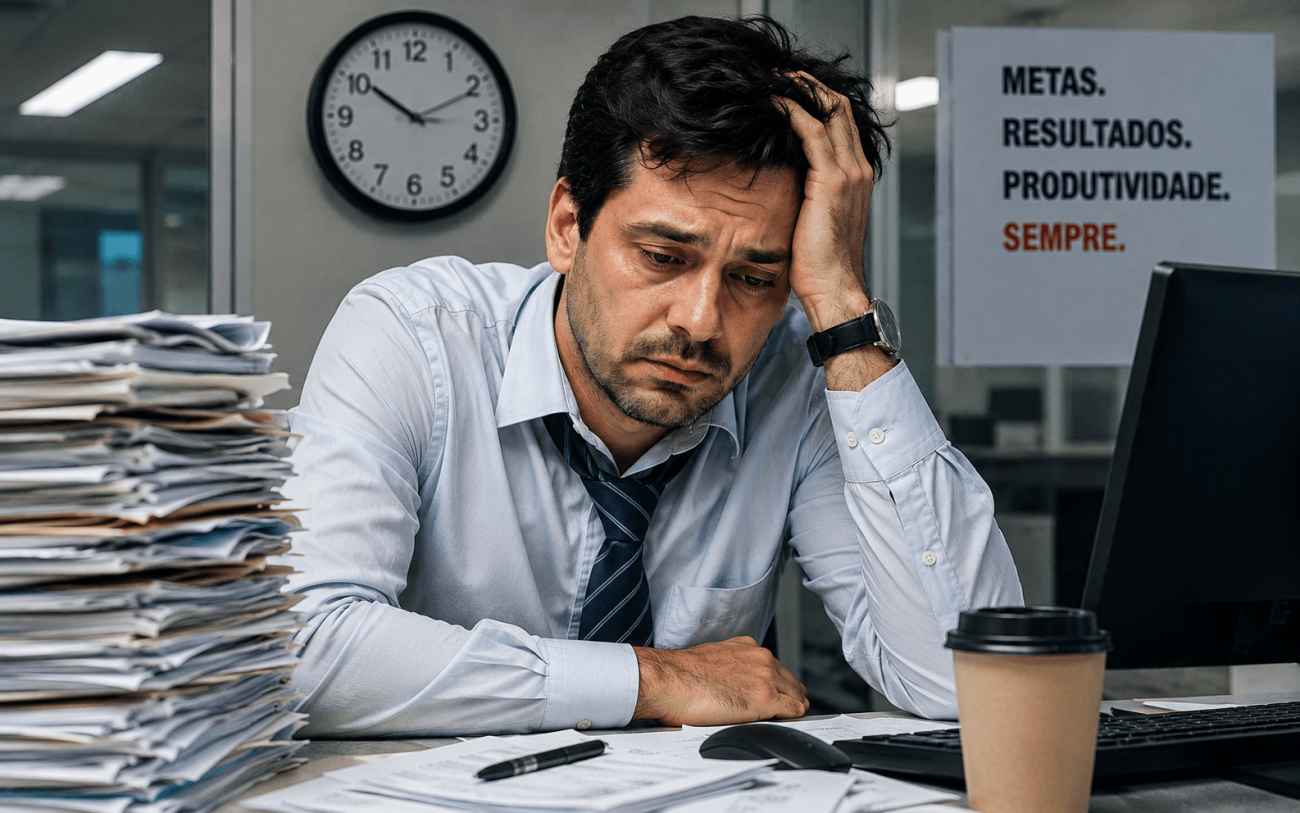 Imagem de um homem sentado em uma mesa de trabalho com a cabeça apoiada em uma das mãos e cara de cansado