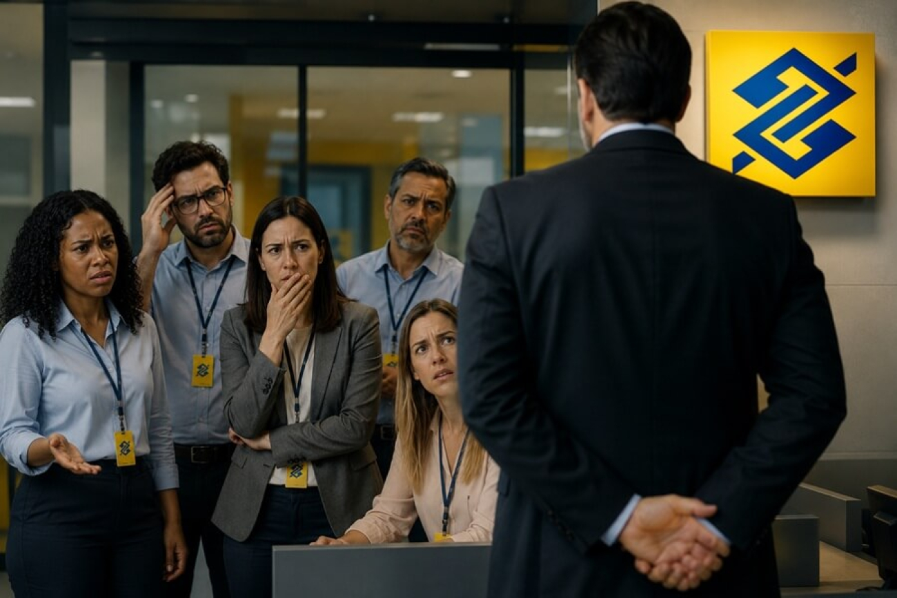 Imagem feita por inteligência artificial mostra trabalhadores olhando com reprovação para um homem de costas, braços para trás e terno e gravata. no canto superior direito há o logo do banco do brasil
