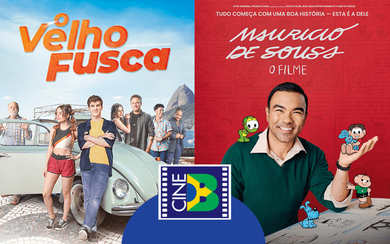 Divulgação Sessões CineB dos filme " Maurício de Souza - O filme" e "Meu velho fusca", na imagem ambos os cartazes de divulgação dividem a tela com a logo do CineB centralizada
