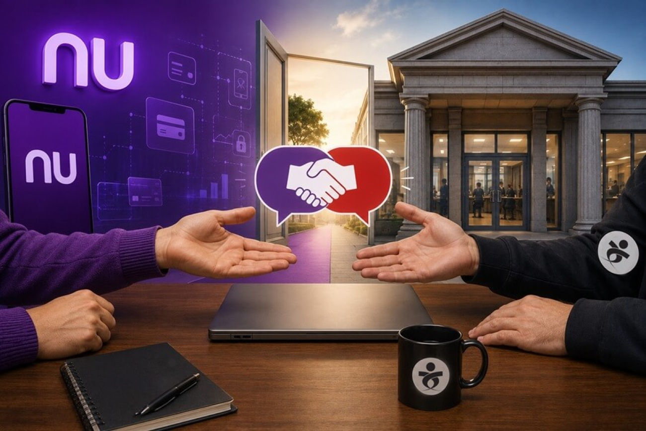 Imagem feita por inteligência artificial  mostra duas pessoas sentadas frente a frente em uma mesa. ao fundo, elementos que remetem ao Nubank como fintech e um prédio semelhante a um banco