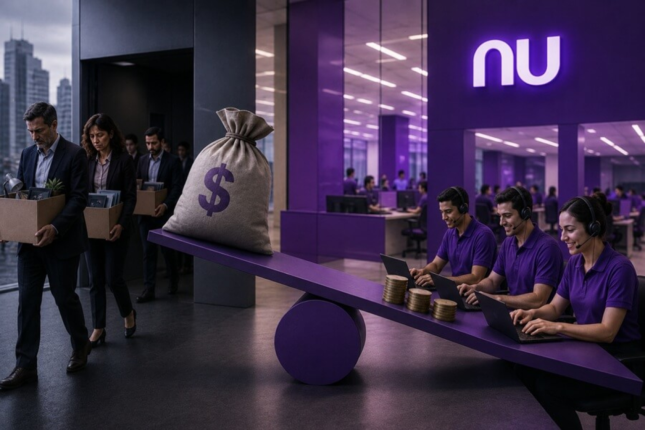 Imagem mostra uma uma gangorra com trabalhadores na posição mais baixa e um saco de dinheiro na posição mais alta, em frente a uma fachada com um logo do nubank. no lado esquerdo há uma fila de trabalhadores com caixas nas mãos
