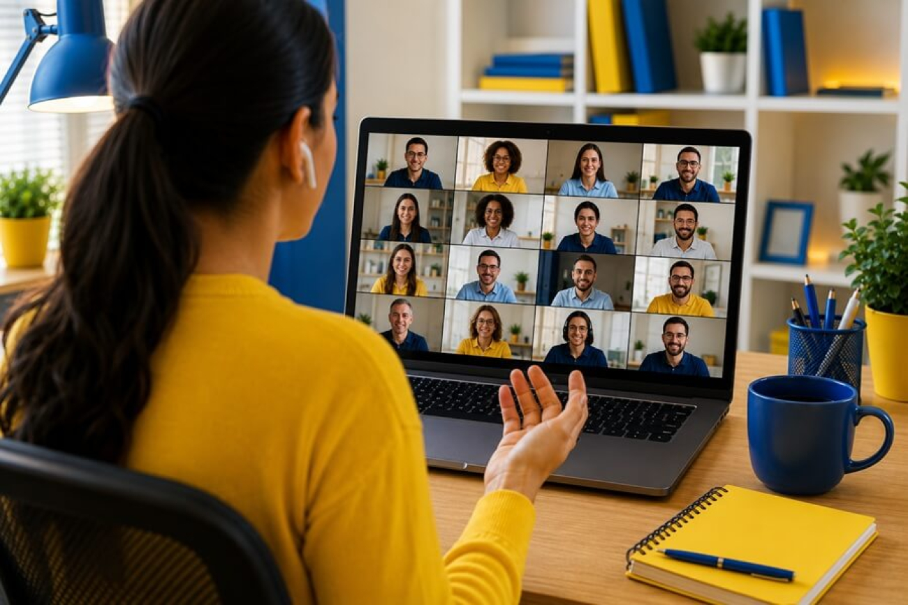 Imagem mostras uma mulher em frente a um notebook participando de uma reunião virtual