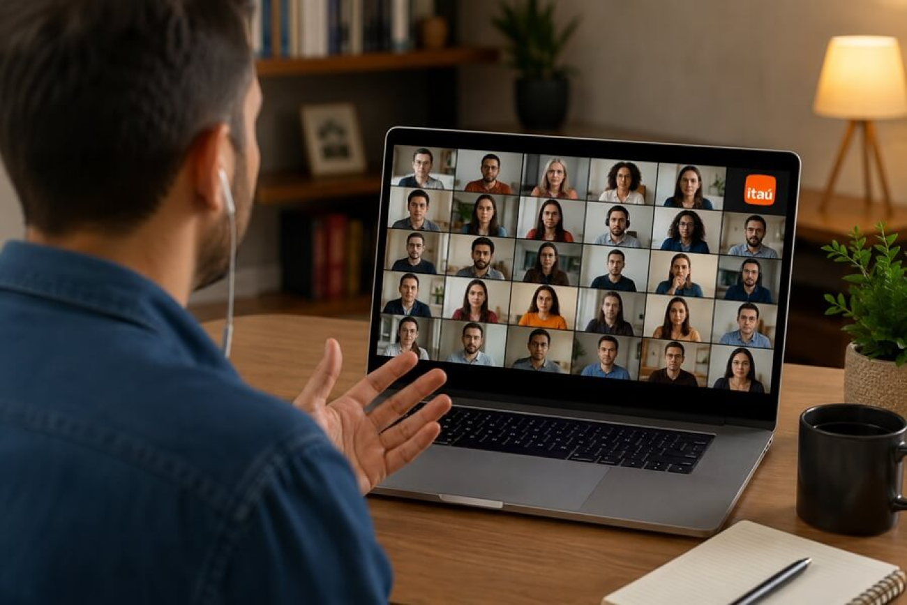Imagem feita por Inteligência Artificial mostra uma pessoa participando de uma reunião virtual
