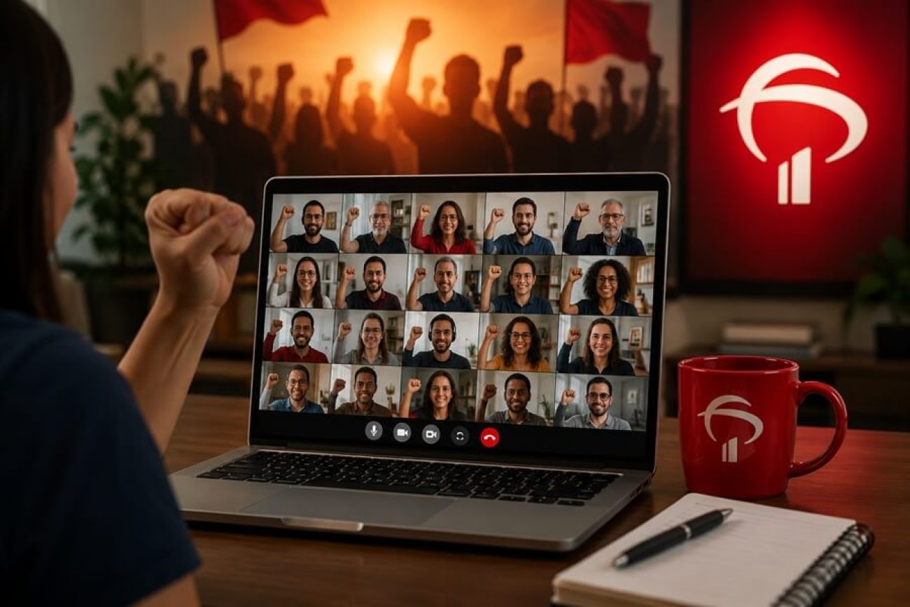 Imagem mostra uma plenária virtual de trabalhadores do Bradesco, destacando união, participação e mobilização coletiva, com a identidade visual do banco.