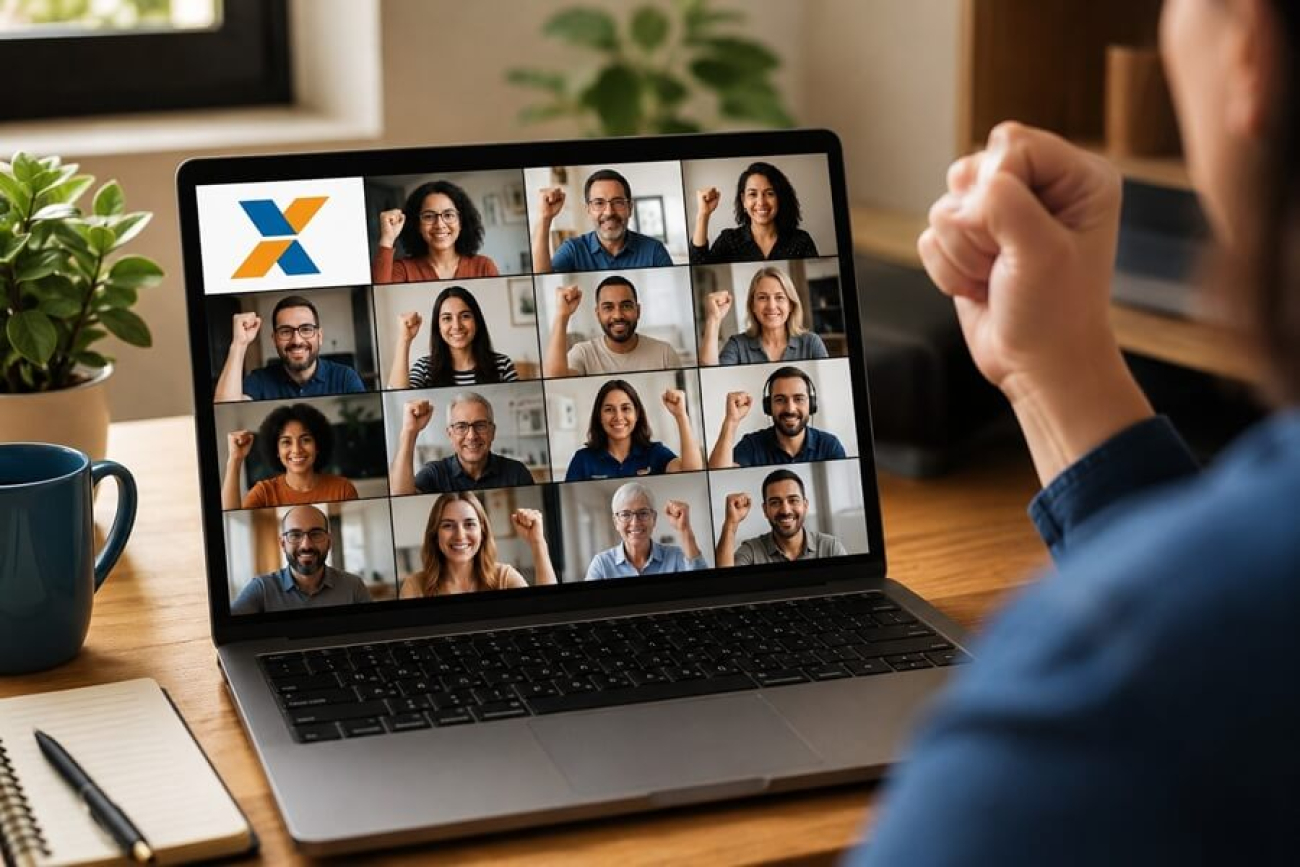 imagem mostra um homem sentado em frente a um notebook. na tela estão projetados os rostos de diversas pessoas em uma reunião virtual. noc anto superior esquerdo da tela do computador há um logo da Caixa Econômica Federal