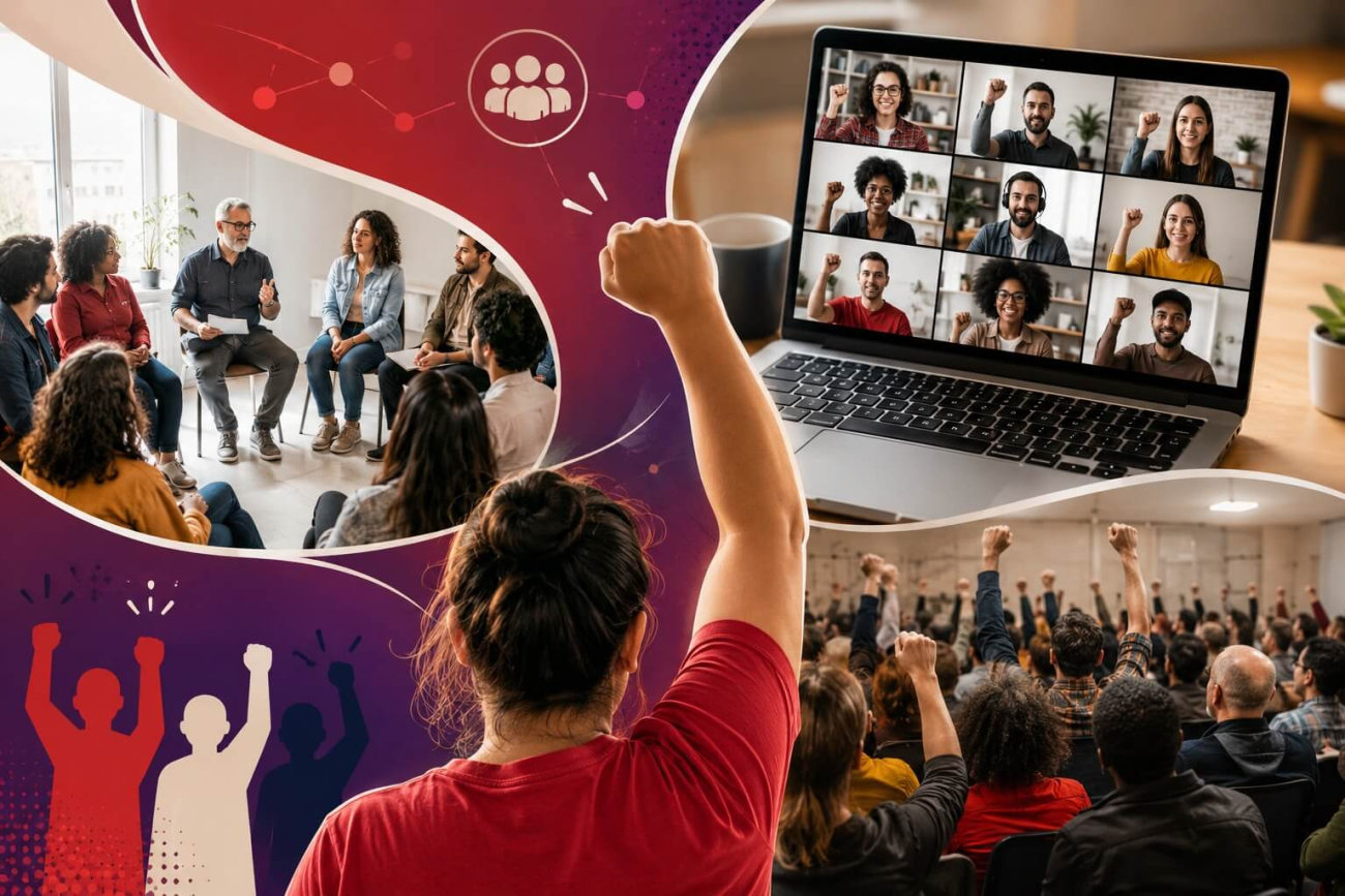 Imagem mostra trabalhadores reunidos em plenária presencial e um notebook cuja tela projeta uma reunião virtual