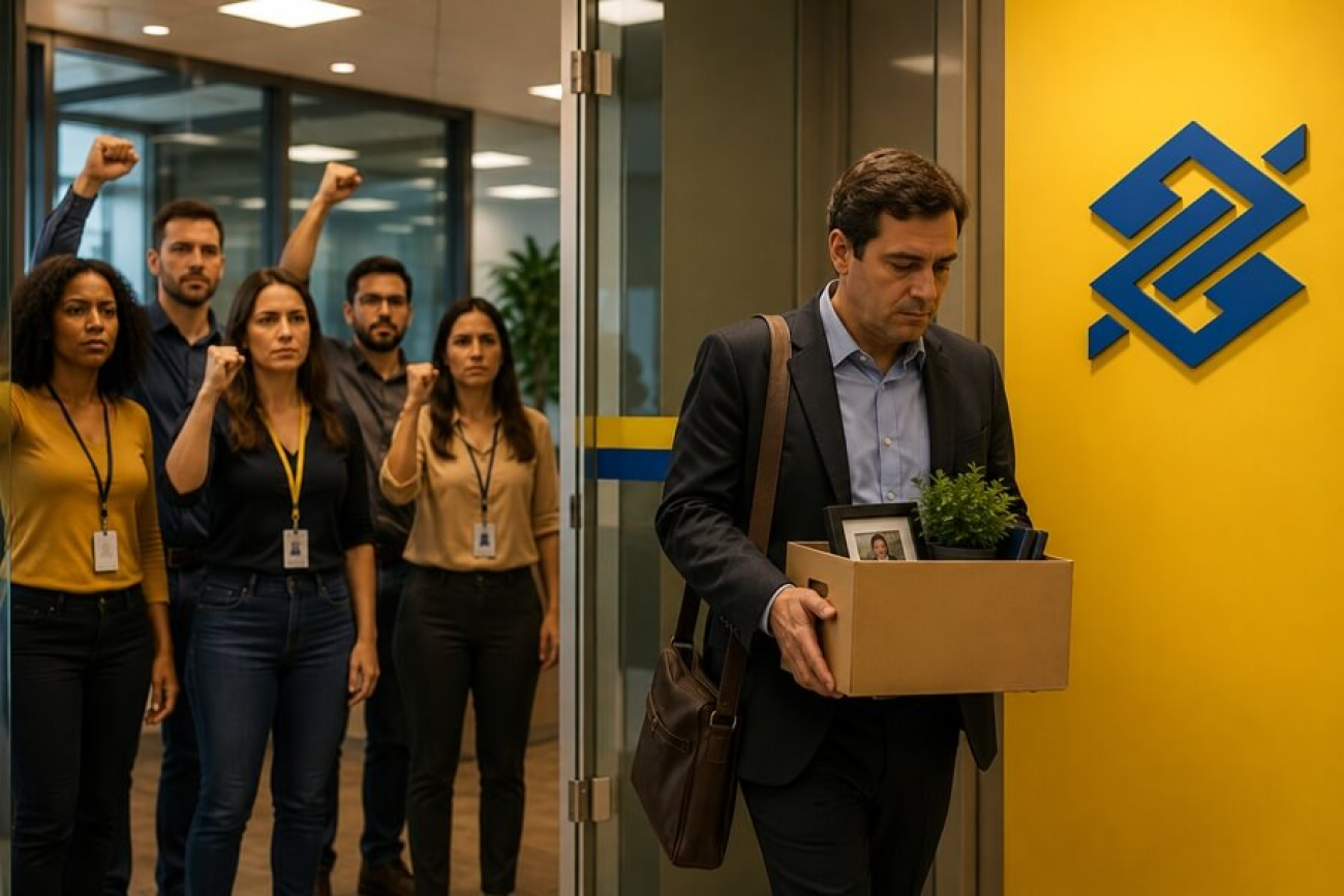 Imagem feita por inteligência artificial mostra um homem de terno e gravata portando uma caixa com pertences pessoais deixando um escritório. ao fundo, um grupo de pessoas comemora