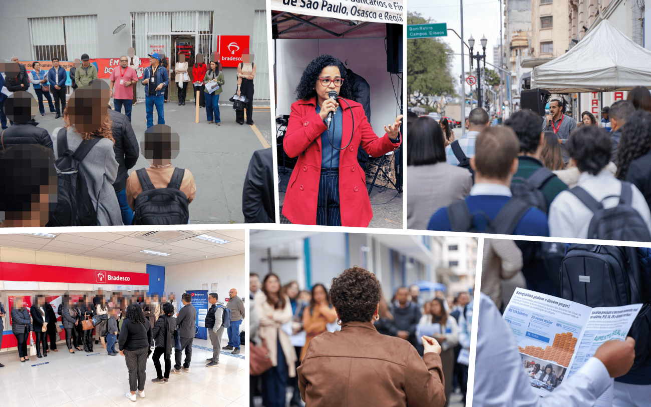 Mosaico com seis fotos do Dia Nacional de Luta no Bradesco; nas fotos, dirigentes estão conversando com bancários na frente de agências do banco