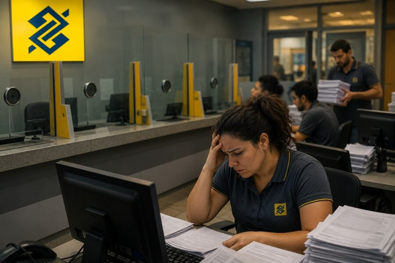 Imagem mostra guichês de caixas de agência bancária fechada. em frente, uma bancária com a mão na testa, cabeça baixa e olhar preocupado está sentada em frente a um computador