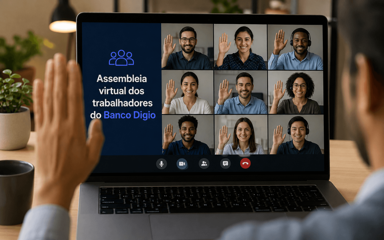 Imagem de IA mostra um homem em frente a um computador e na tela desse computador vários homens e mulheres levantando a mão