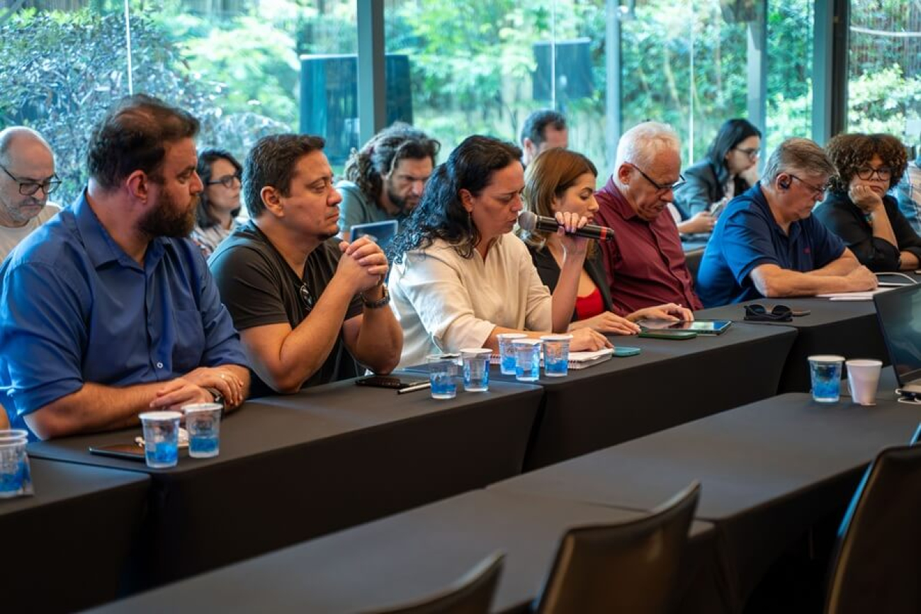 Imagem mostra integrantes da CEE/Caixa sentados lado a lado defronte a uma mesa