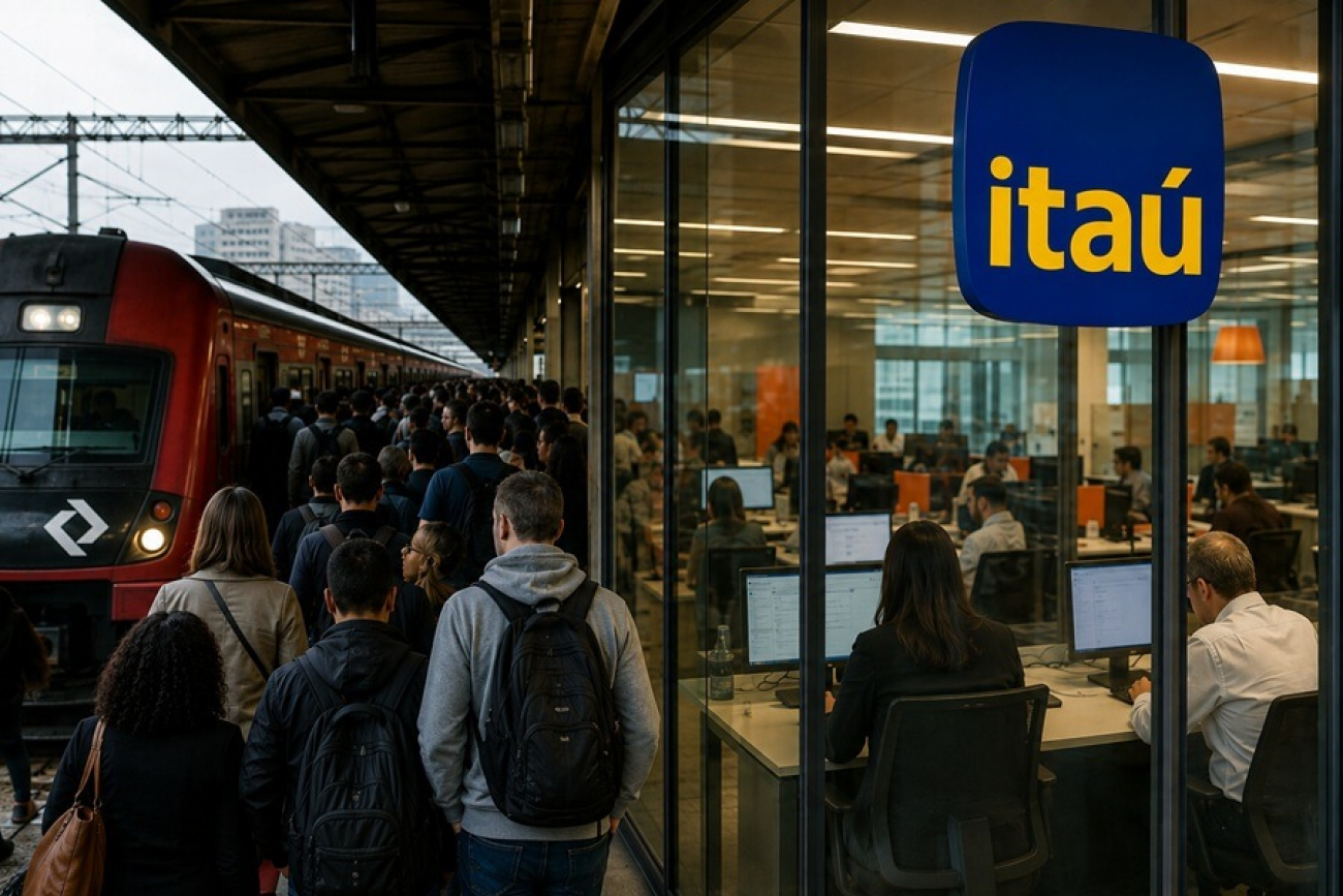 Imagem mostra pessoas em uma plataforma de trens da CPTM lotada e, no lado direito, bancários em um local de trabalho do Itaú