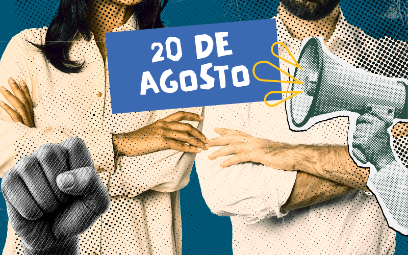Imagem estilizada mostra um homem e uma mulher, com os rostos cortados da foto e lado a lado de braços ccortados. nos cantos superior esquerdo e inferior direito há, respectivamente, um megafone e um punho. na parte superior da imagem há o texto "20 de agosto" escrito em, branco sobre um retângulo azul