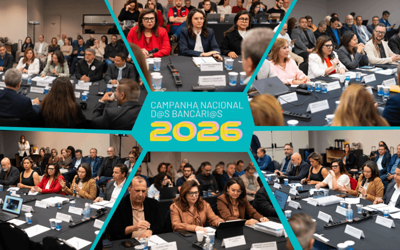 Montagem com várias fotos das mesas de negociação com a Fenaban, na Campanha Nacional dos Bancários 2026
