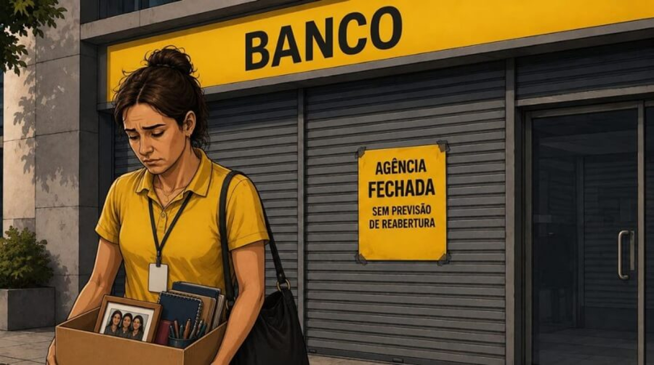 Imagem feita por inteligência artificial mostra mulher de cabeça baixa, segurando uma caixa, em frente a uma agência de portas fechadas