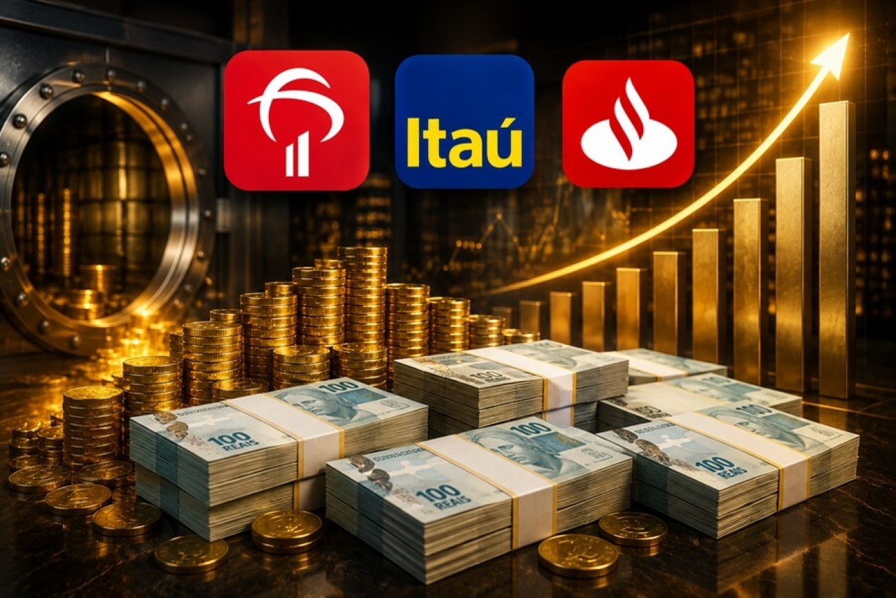 Imagem mostra os logos do Bradesco, Itaú e Santander na parte superior. abaixo e ao fundo, estão dipostos maços de dinheiro em cédula, moedas saindo de um cofre e um gráfico de barras indicando alta