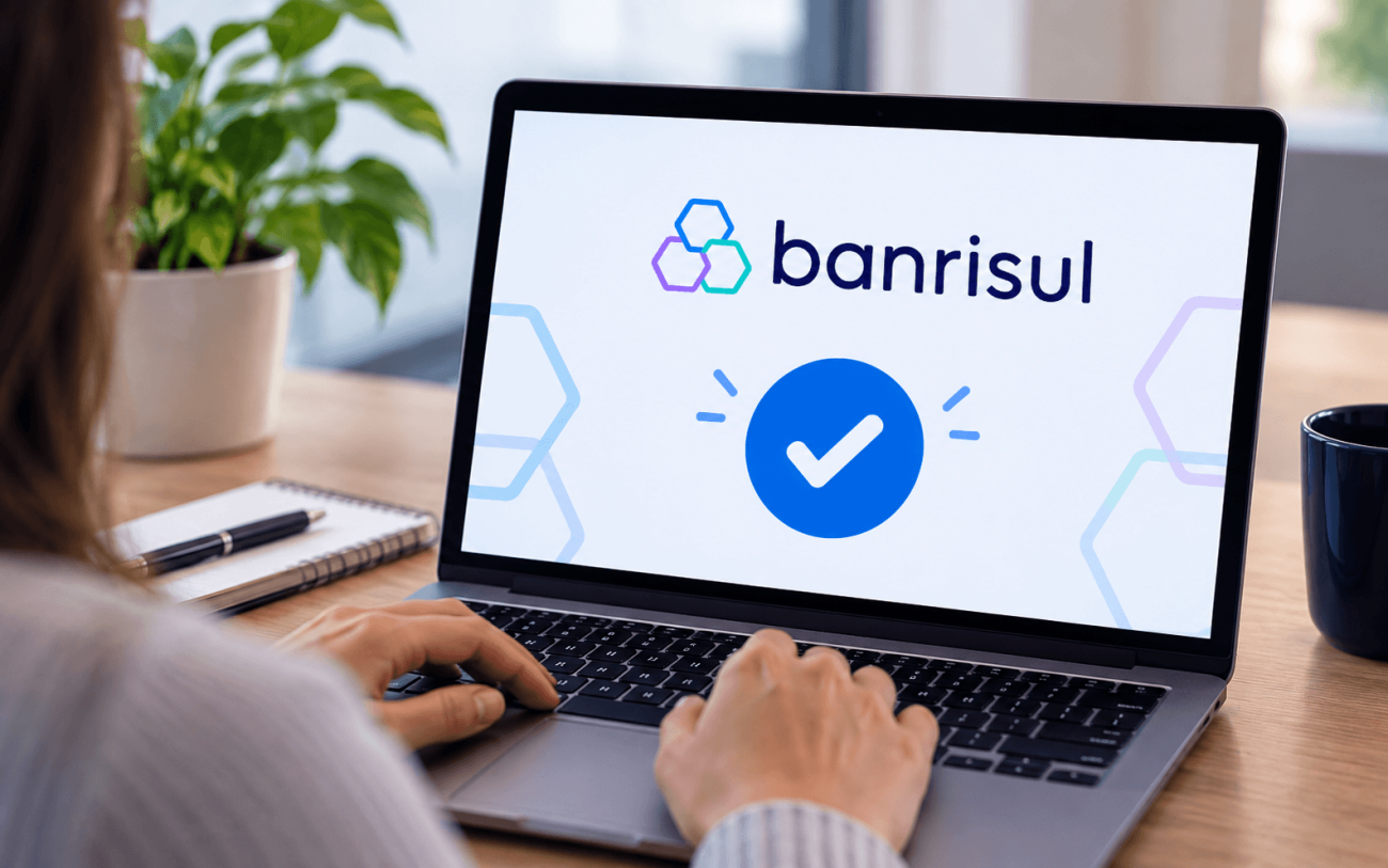 Imagem mostra uma mulher sentada em frente a um computador portátil em cuja tela é projetado um sinal de "check"  abaixo do logo do Banrisul