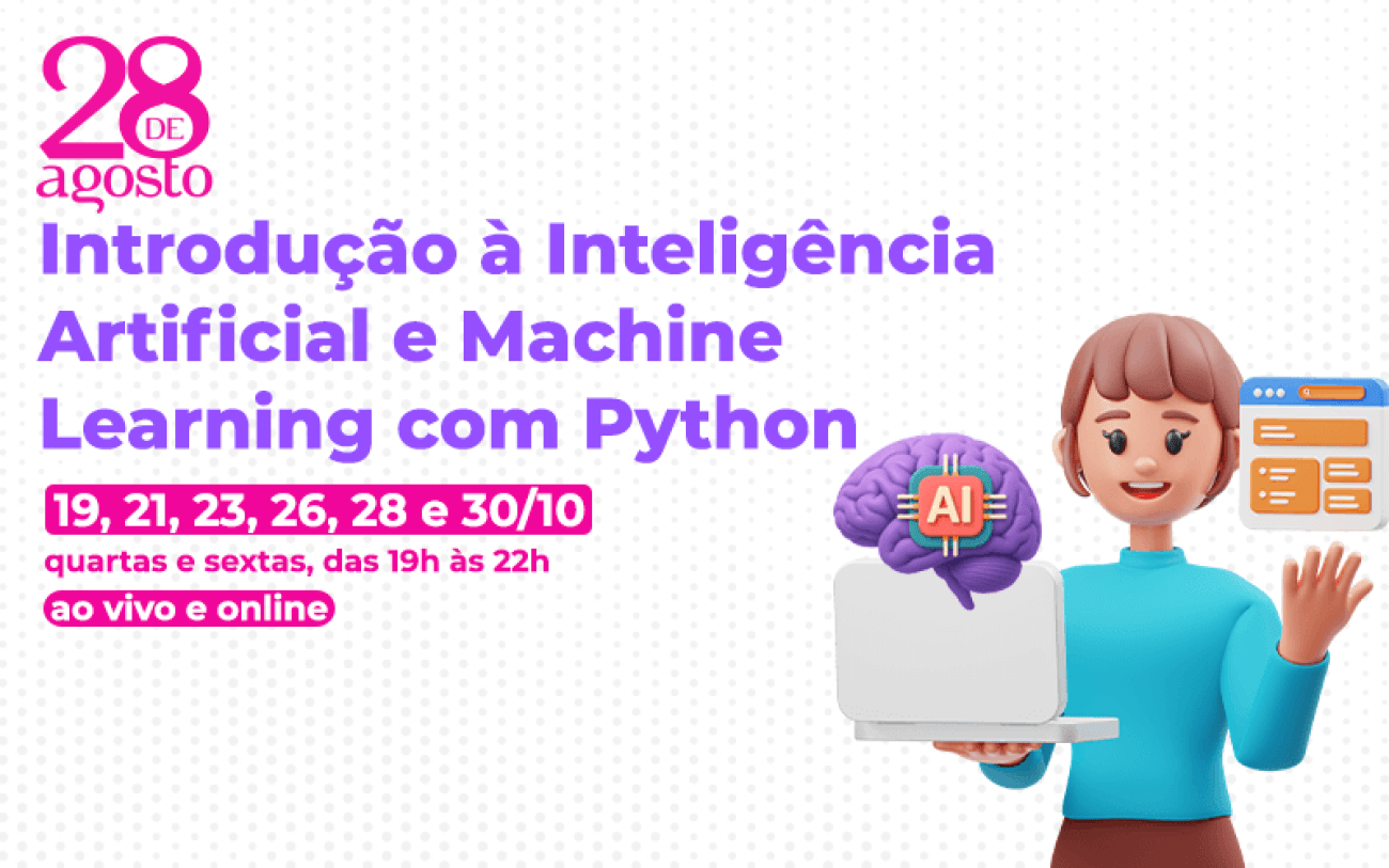 Imagem em desenho de uma mulher segurando um cérebro ao lado do texto IA e Machine Learning com Python