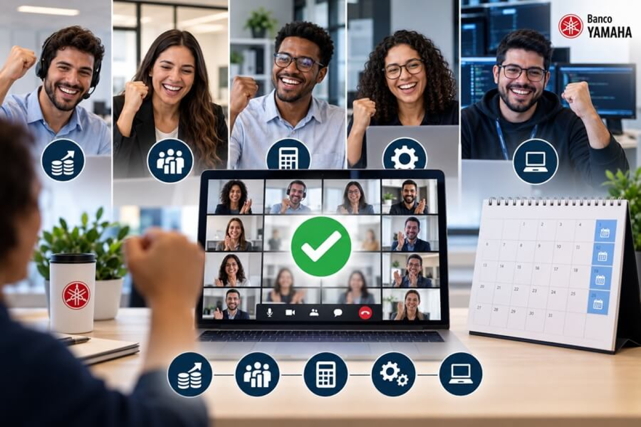 Imagem feita por inteligência artificial mostra funcionários de cinco áreas do Banco Yamaha celebram, em reunião virtual, a aprovação de acordo sobre jornada especial