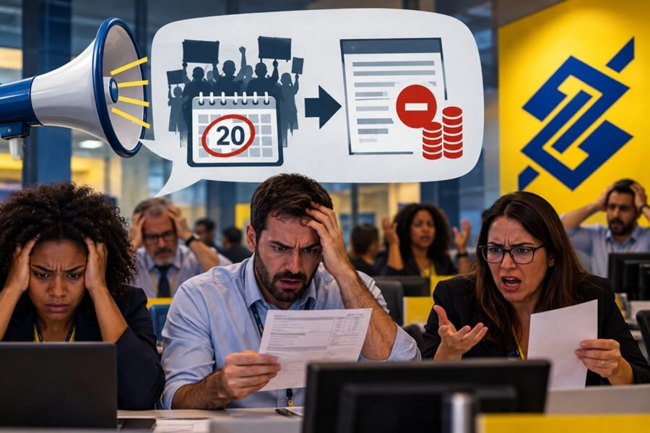 Imagem feita por inteligência artificial mostra bancários do Banco do Brasil contrariados enquanto olham para os seus holerites